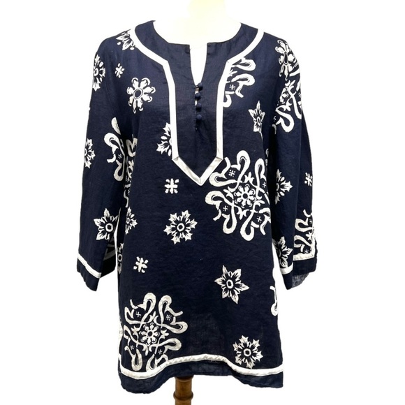 Carol Little Woman Navy Blue Linen Floral Tunic Top Size 1X - Picture 1 of 12